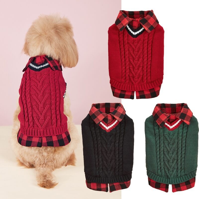 Perfeito para outono inverno xadrez colarinho cabo malha cão camisola colete