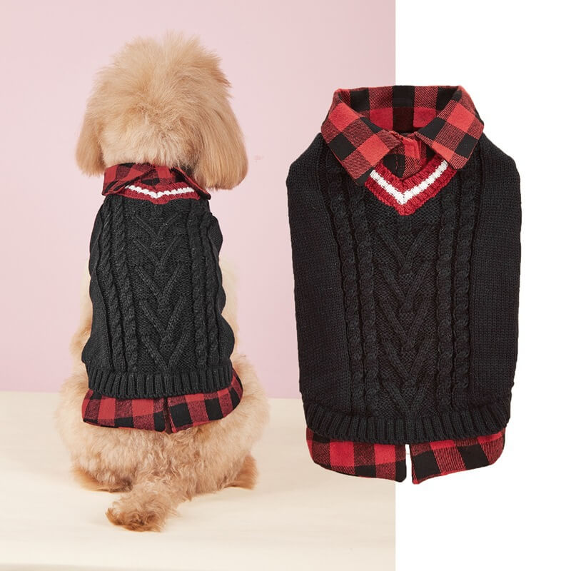 Perfeito para outono inverno xadrez colarinho cabo malha cão camisola colete