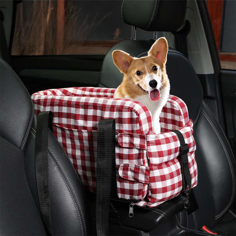 Assento de segurança para carro para cães de viagem portátil xadrez elegante, console central