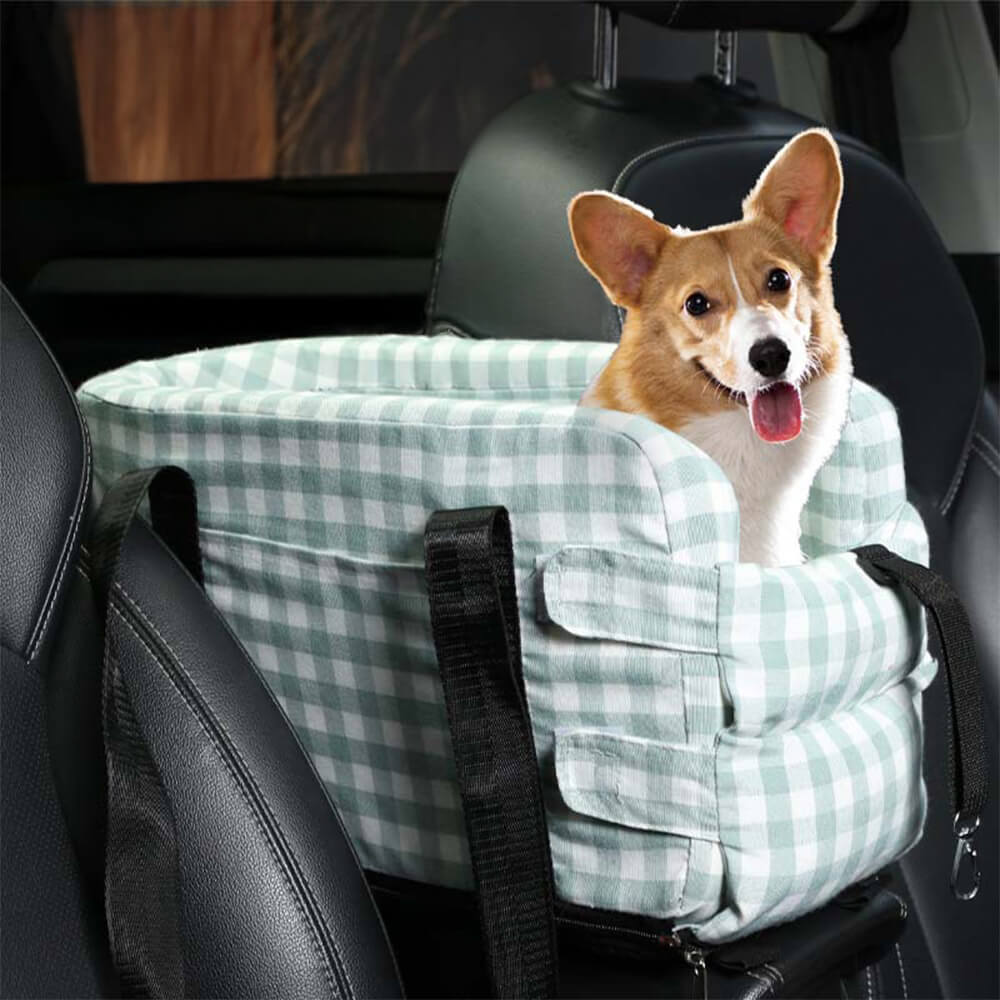 Assento de segurança para carro para cães de viagem portátil xadrez elegante, console central