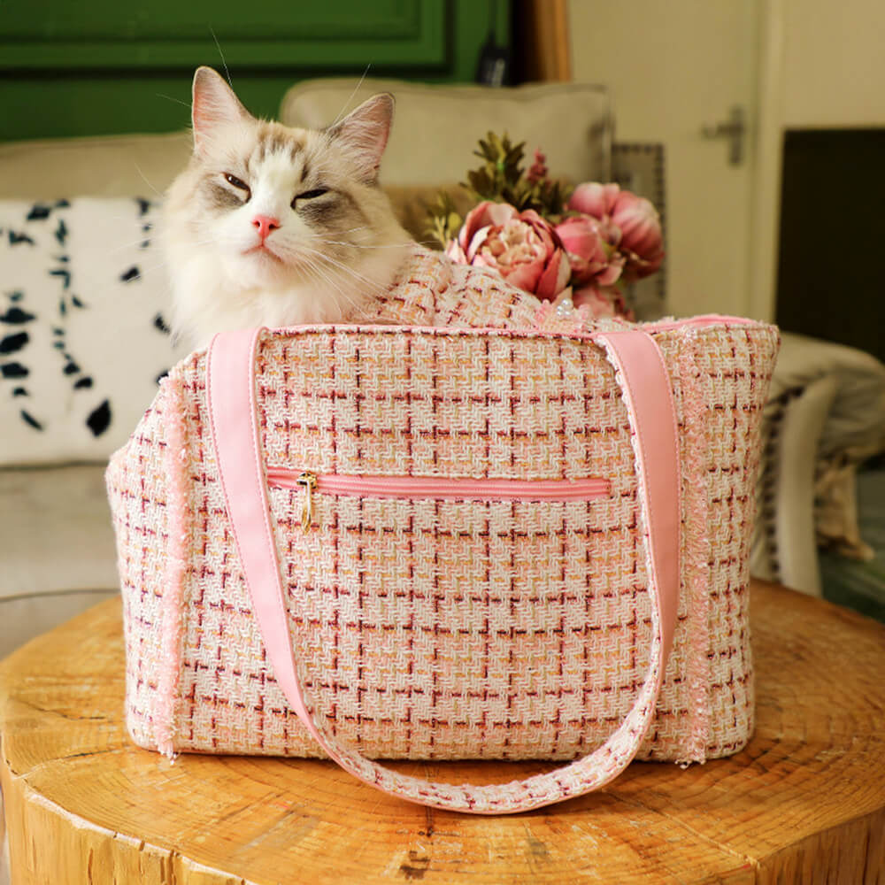 Bolsa de transporte leve xadrez de luxo em tweed macio para cães e gatos