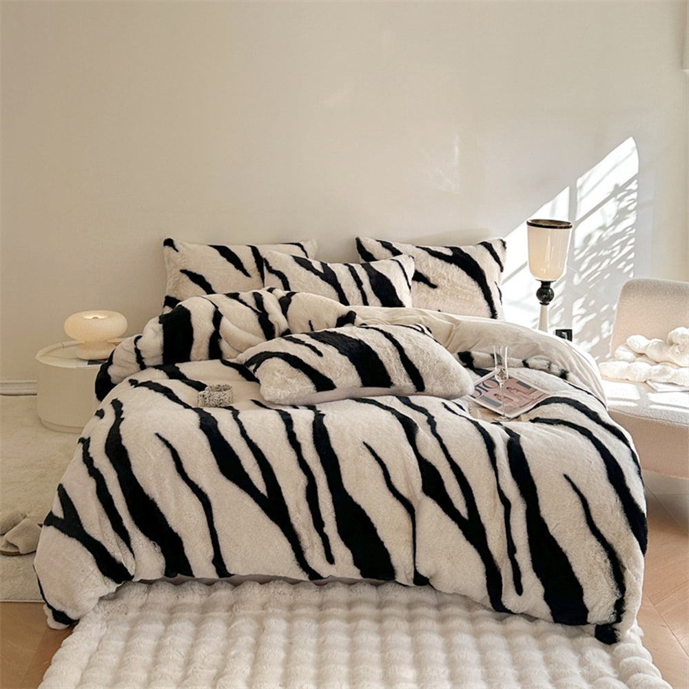 Conjunto de edredom de pele fofa e espessa de zebra