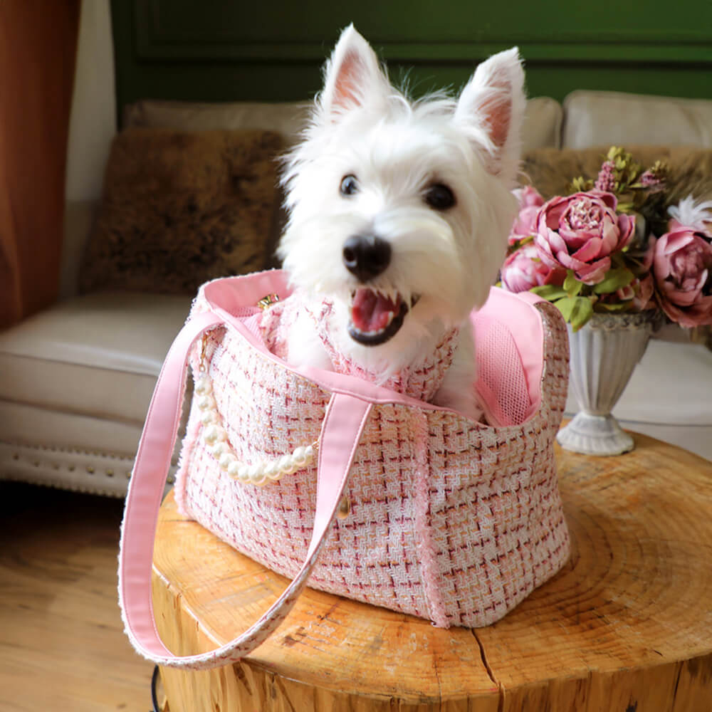 Bolsa de transporte leve xadrez de luxo em tweed macio para cães e gatos