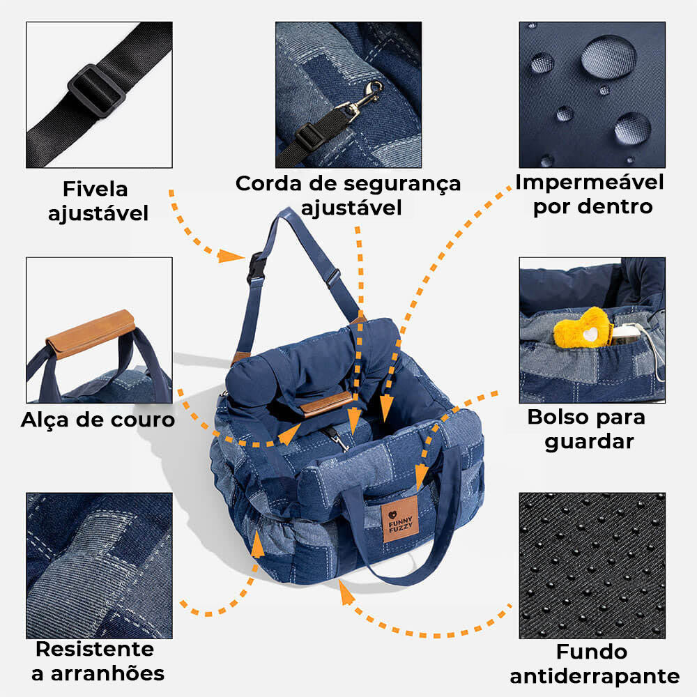 Cama para Assento de Carro para Cães Reforçada de Segurança para Viagens Vintage Jeans Patchwork