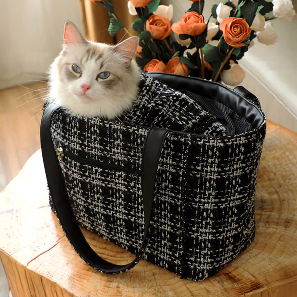 Bolsa de transporte leve xadrez de luxo em tweed macio para cães e gatos