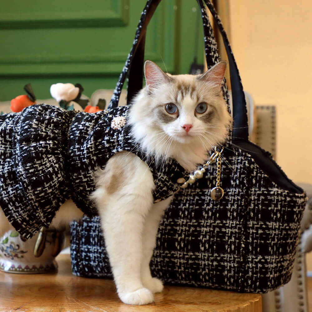 Bolsa de transporte leve xadrez de luxo em tweed macio para cães e gatos