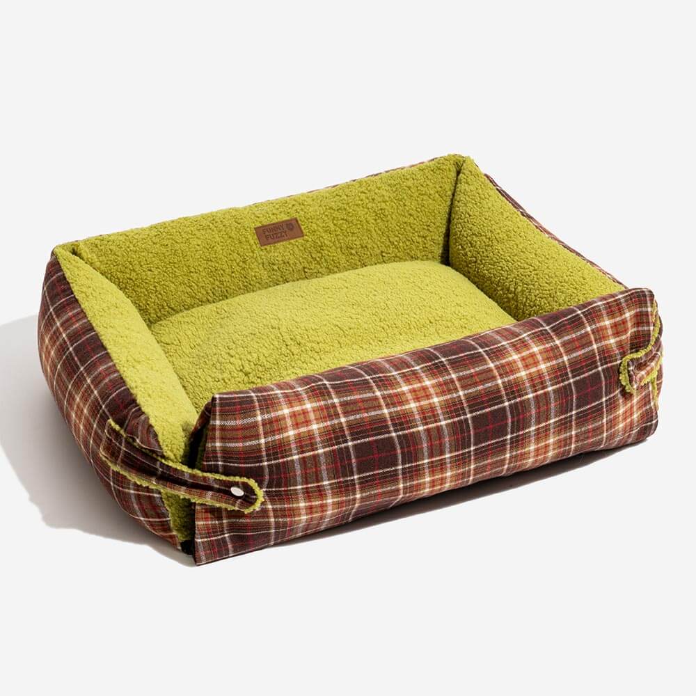 Camas de cachorro grandes laváveis com cobertor dobrável xadrez vintage - Avocuddle