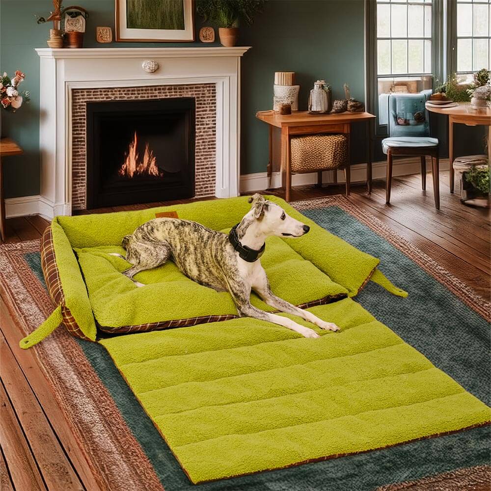 Camas de cachorro grandes laváveis com cobertor dobrável xadrez vintage - Avocuddle