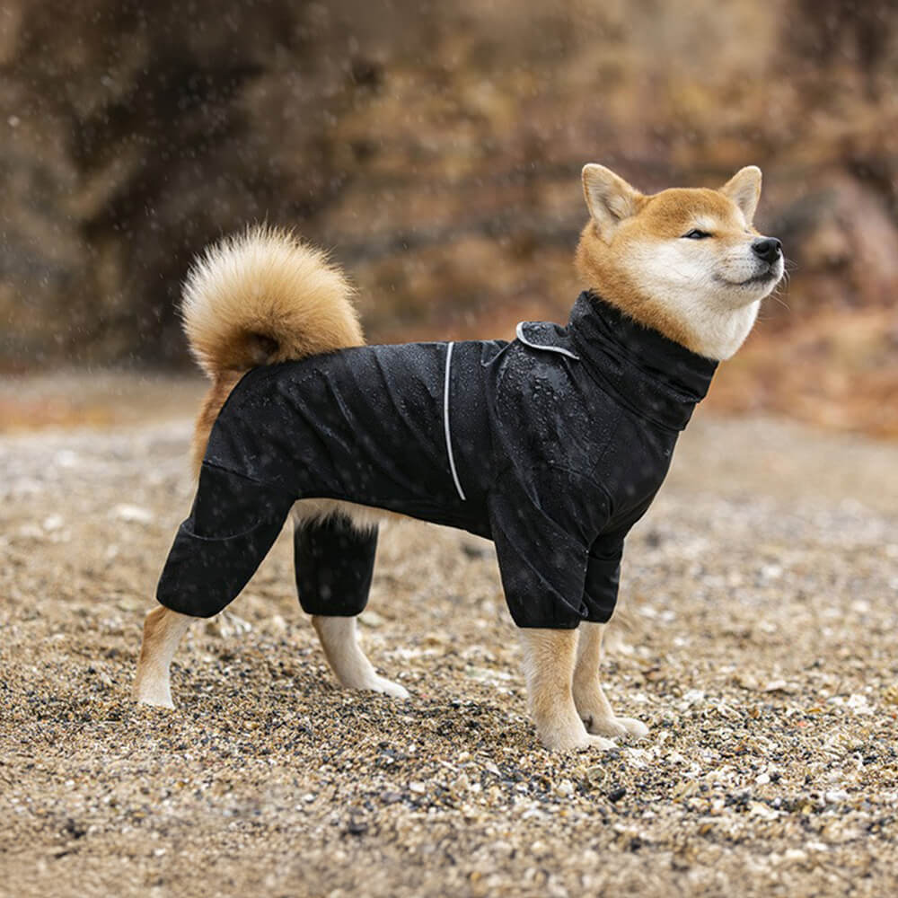 Capa de chuva impermeável com ajuste elástico e gola alta para cães com faixa reflexiva