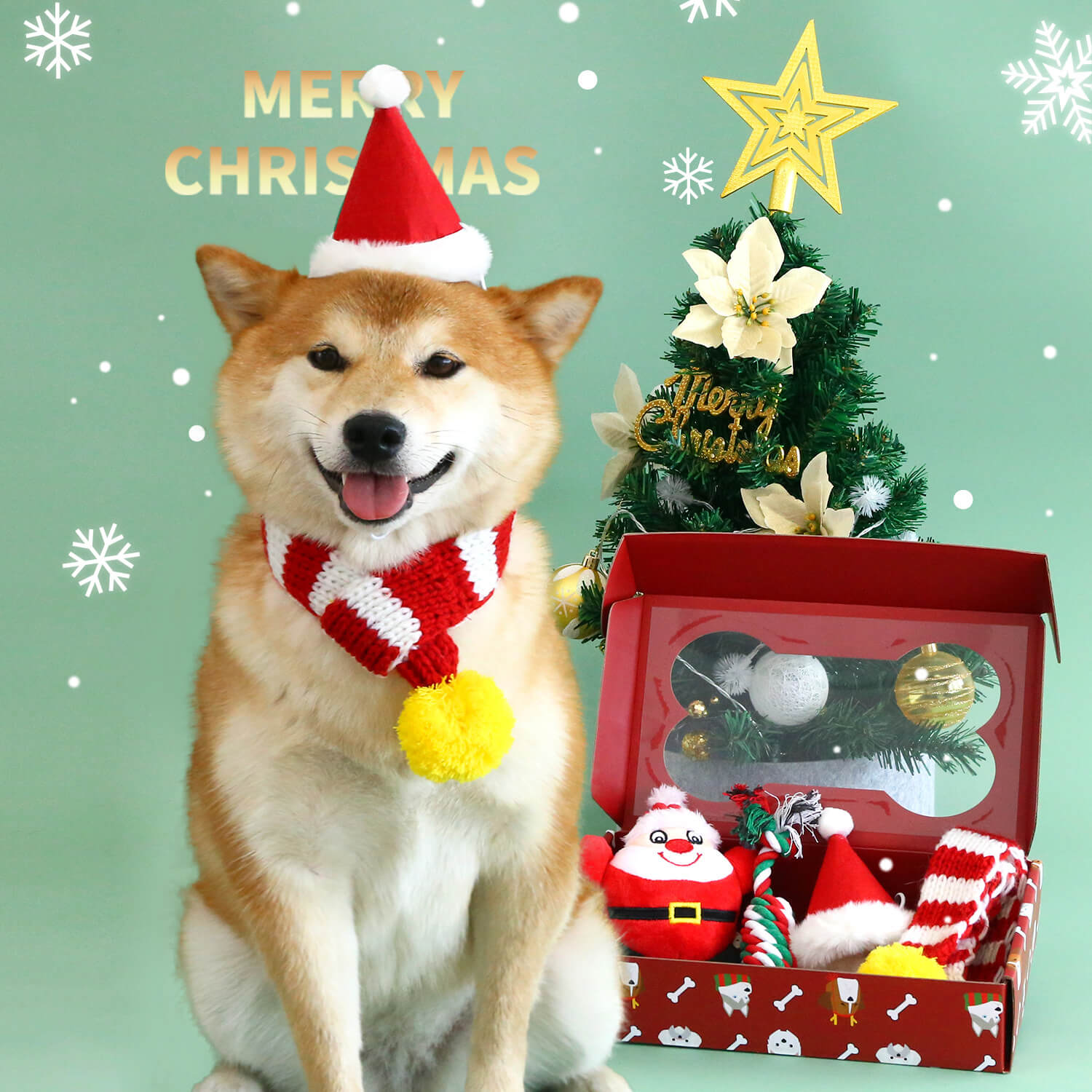 Conjunto divertido de Natal para cachorros com chapéu, cachecol e brinquedo