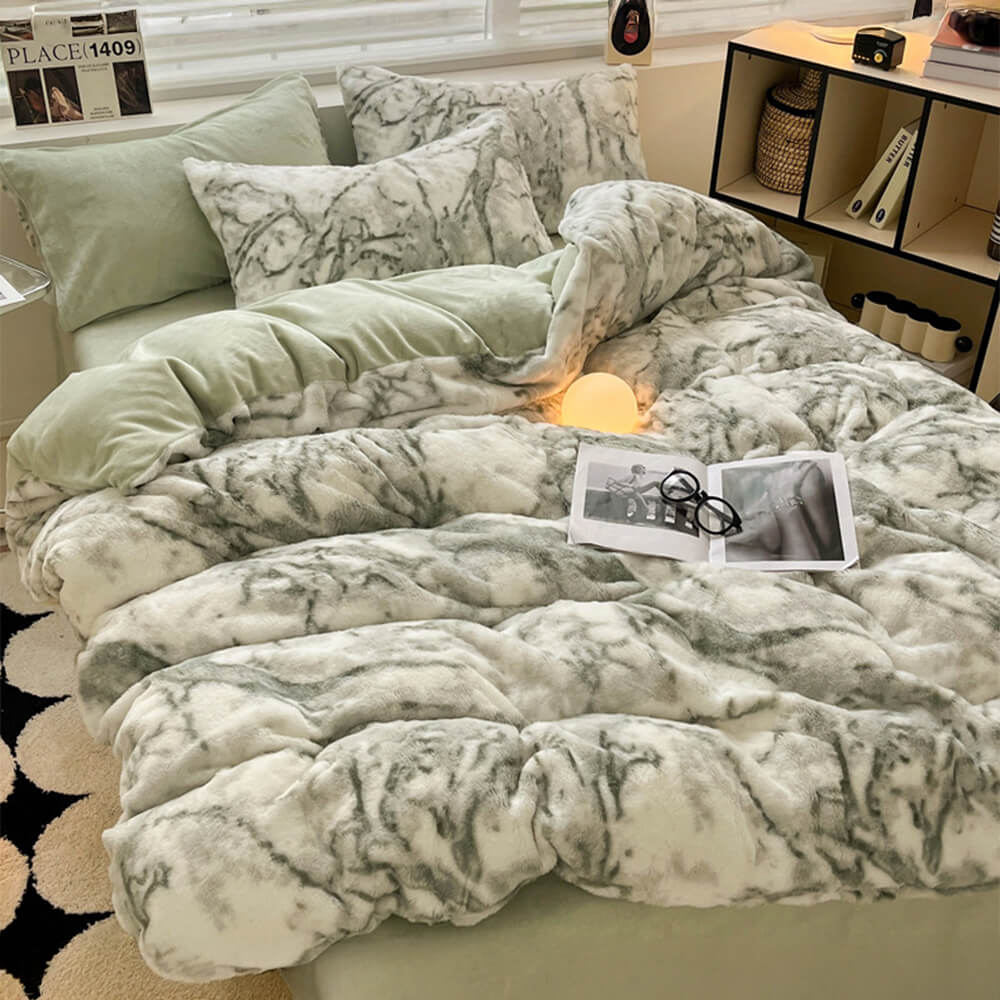 Luxuoso conjunto de lençóis de cama aconchegantes de veludo de leite com pele de coelho falsa dupla face