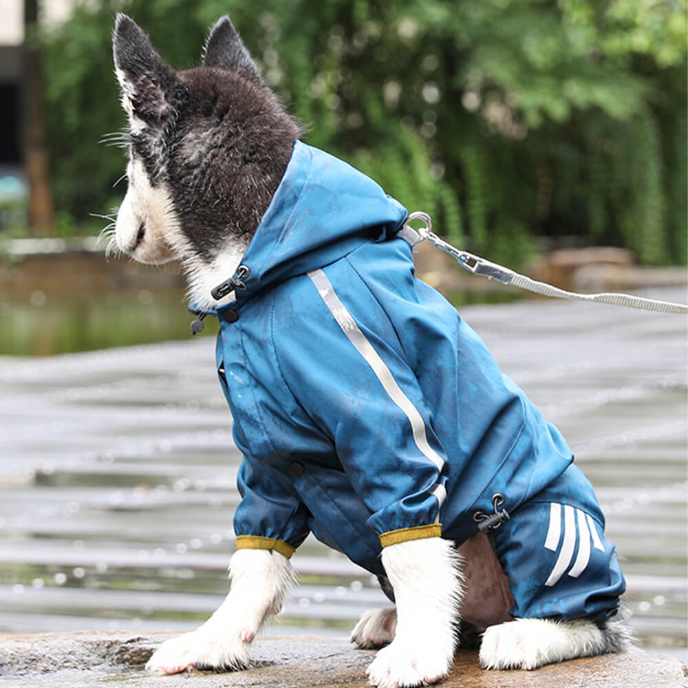 Capa de chuva para cachorro com faixa refletiva ajustável e à prova d'água com capuz