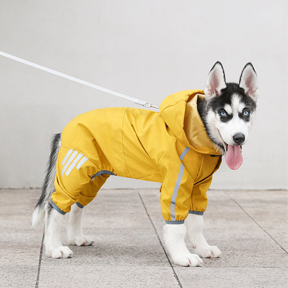 Capa de chuva para cachorro com faixa refletiva ajustável e à prova d'água com capuz