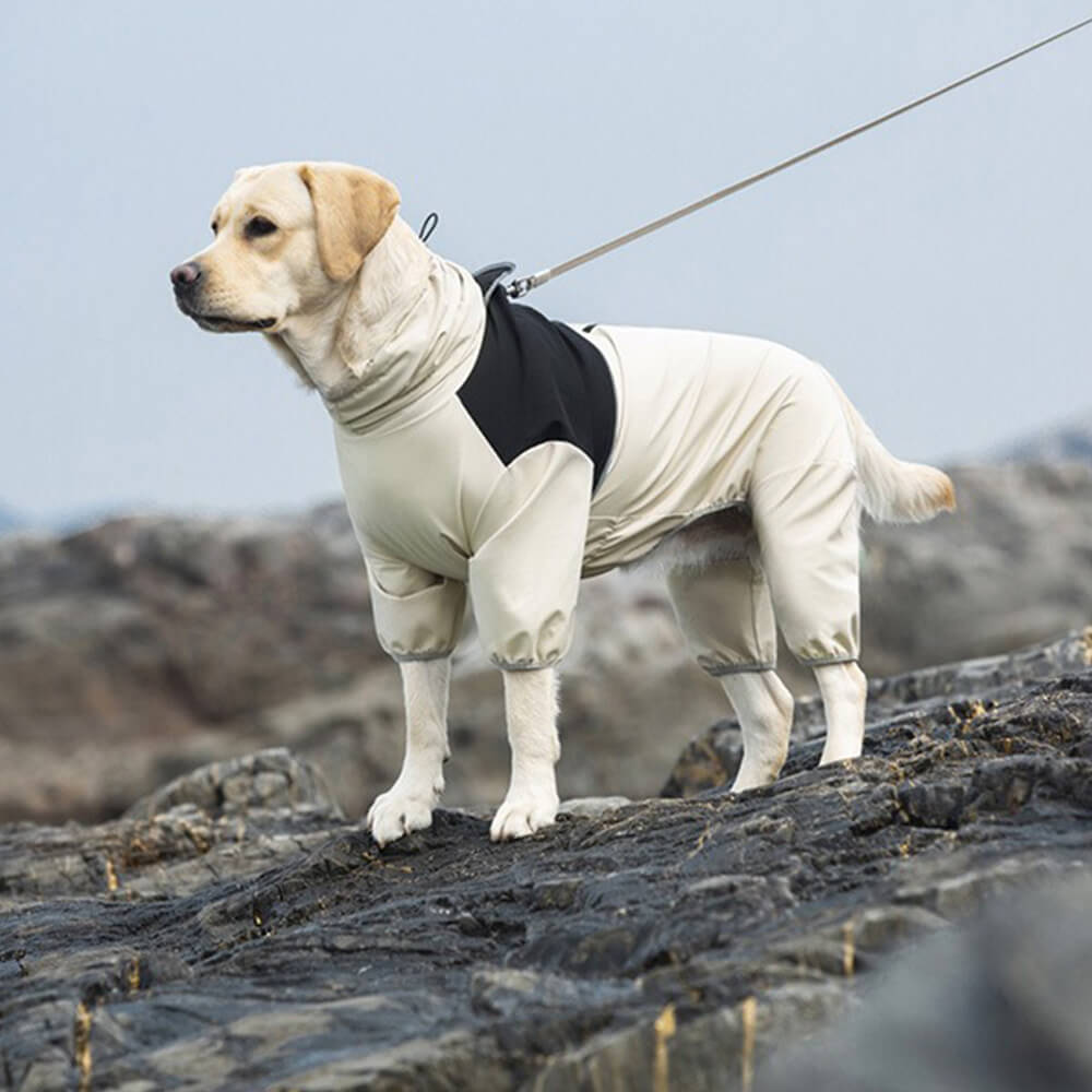 Capa de chuva impermeável com ajuste elástico e gola alta para cães com faixa reflexiva