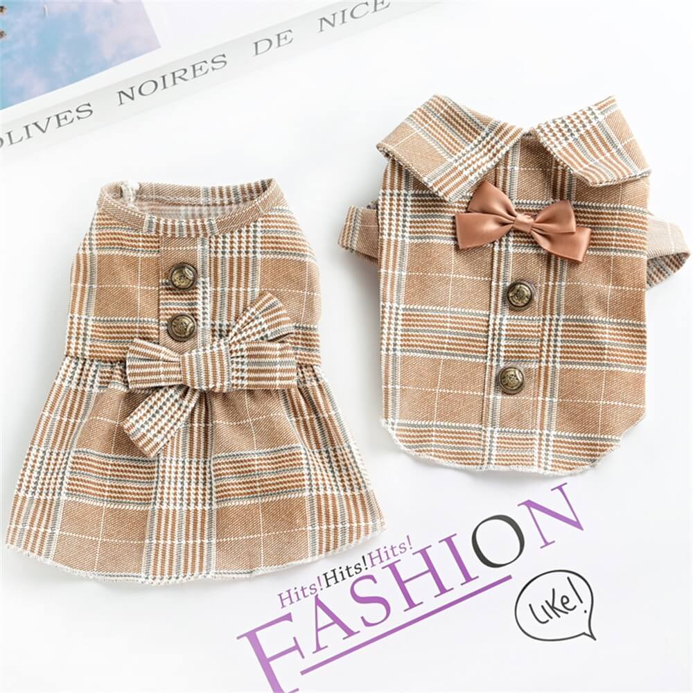 Conjunto de vestido e camisa xadrez estilo britânico para cachorro - Roupas clássicas e elegantes para animais de estimação