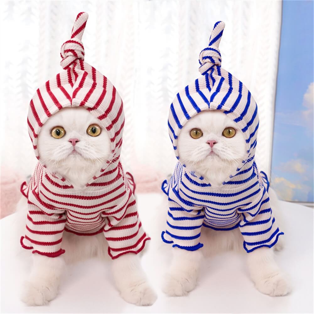 Roupas para animais de estimação para cães e gatos – Roupa listrada de outono/inverno com capuz e duas pernas