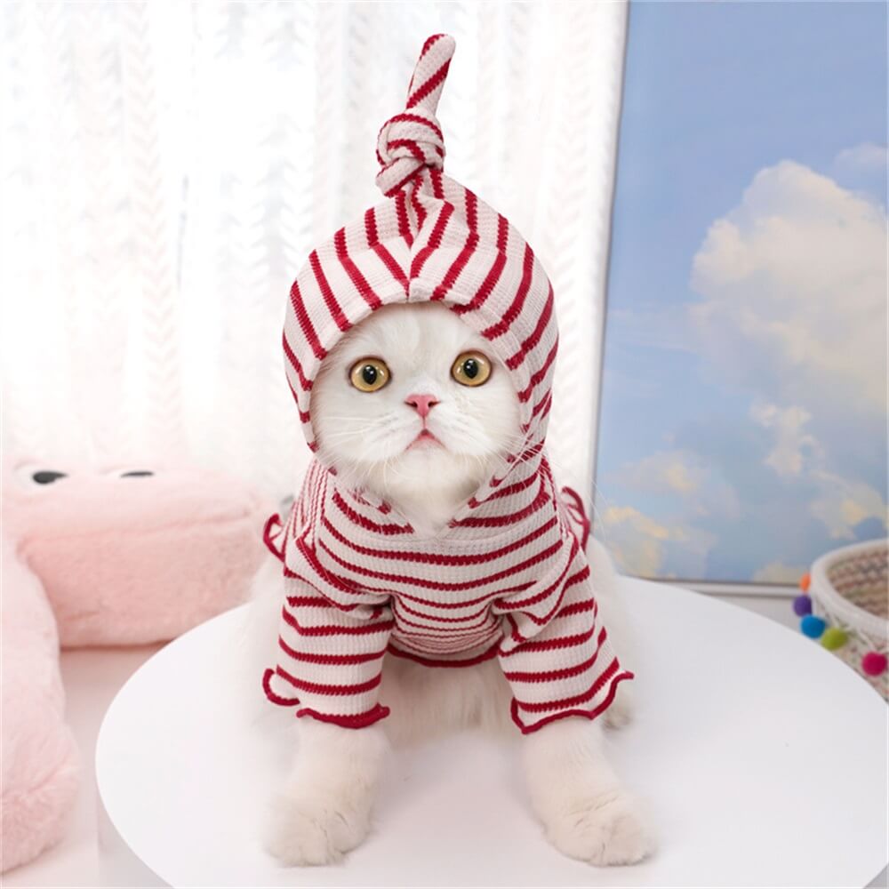 Roupas para animais de estimação para cães e gatos – Roupa listrada de outono/inverno com capuz e duas pernas