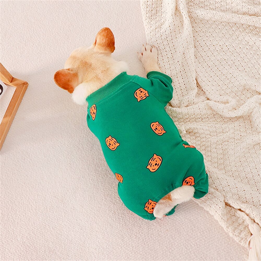 Pijama verde com estampa de abóbora para cães - Roupa de dormir aconchegante e festiva para cães