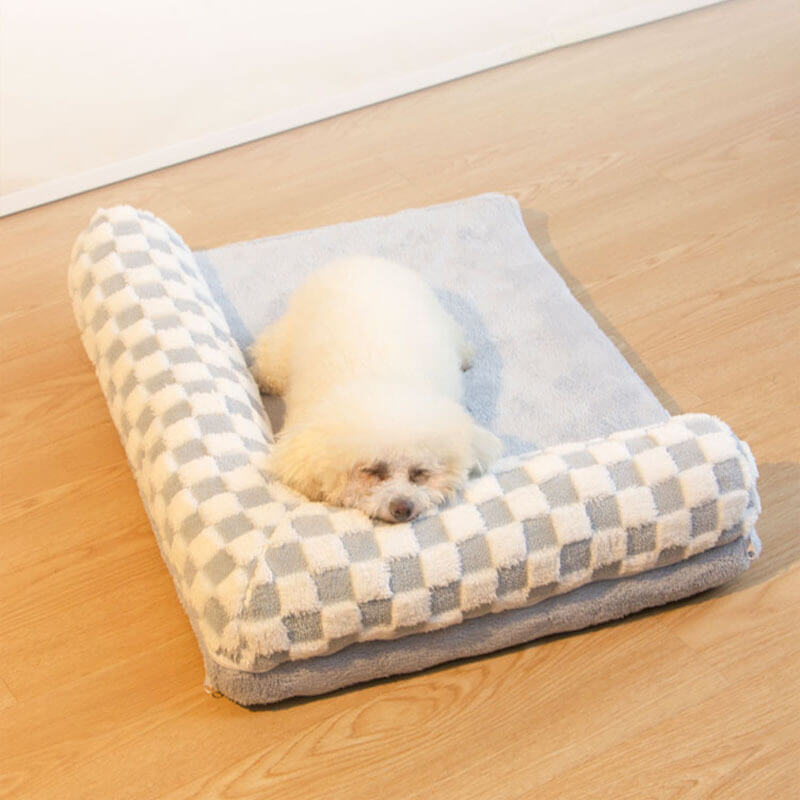 Cama de travesseiro grande para cães com proteção de pescoço macio tabuleiro de xadrez
