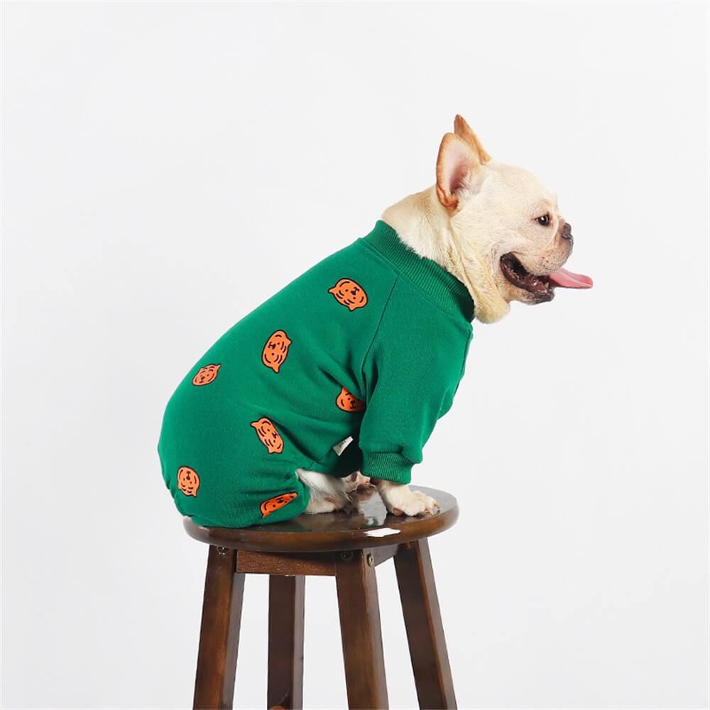 Pijama verde com estampa de abóbora para cães - Roupa de dormir aconchegante e festiva para cães