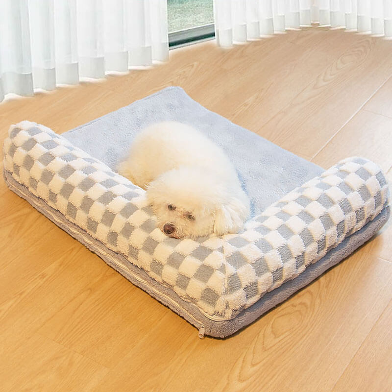 Cama de travesseiro grande para cães com proteção de pescoço macio tabuleiro de xadrez