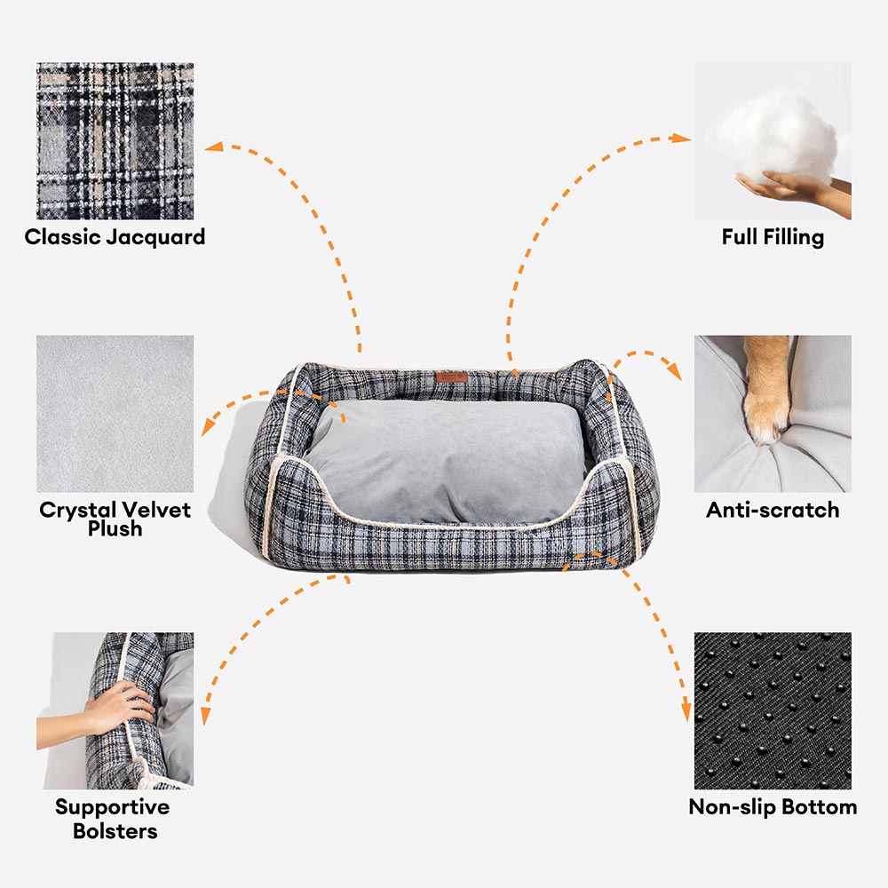 Cama de cachorro clássica retrô xadrez removível com reforço calmante - Nostalgic Retreat