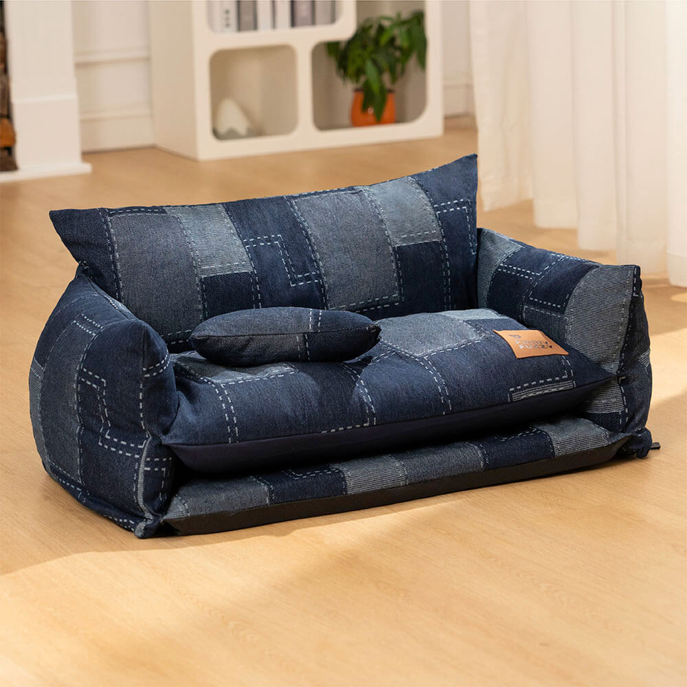 Sofá de Camada Dupla para Pets Sofá-cama Estilo Patchwork Jeans para Cachorros