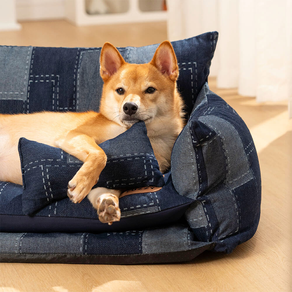 Sofá de Camada Dupla para Pets Sofá-cama Estilo Patchwork Jeans para Cachorros