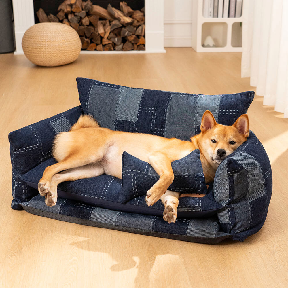 Sofá de Camada Dupla para Pets Sofá-cama Estilo Patchwork Jeans para Cachorros