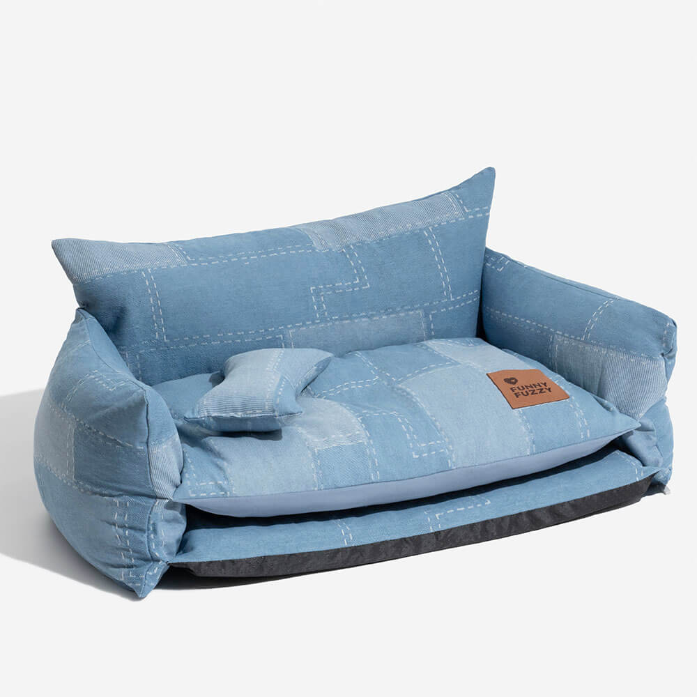 Sofá de Camada Dupla para Pets Sofá-cama Estilo Patchwork Jeans para Cachorros