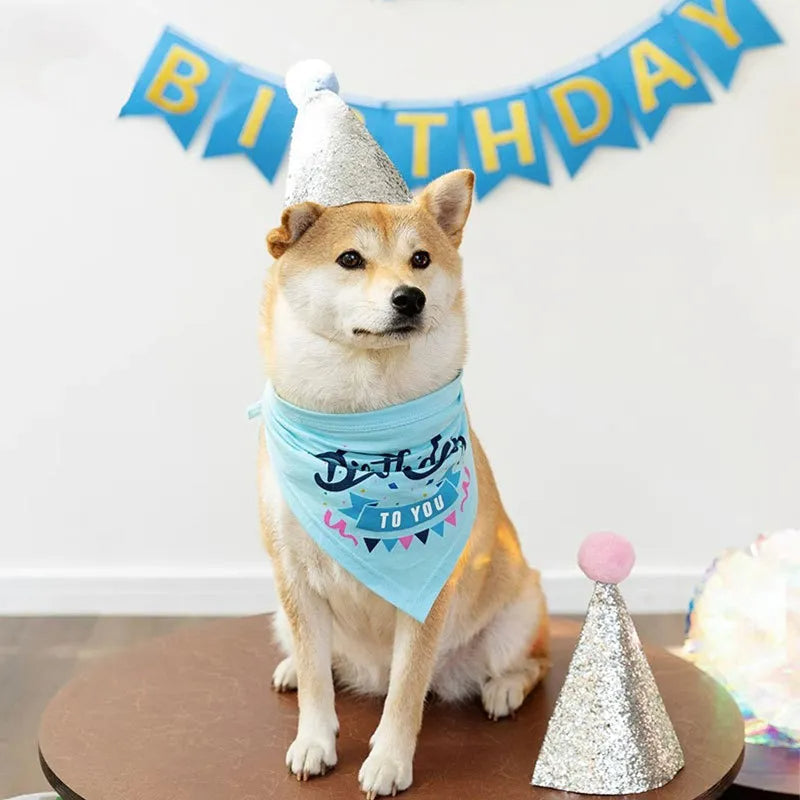 Lenço bandana de aniversário de cachorro com chapéu e banner conjunto de festa de aniversário de cachorro