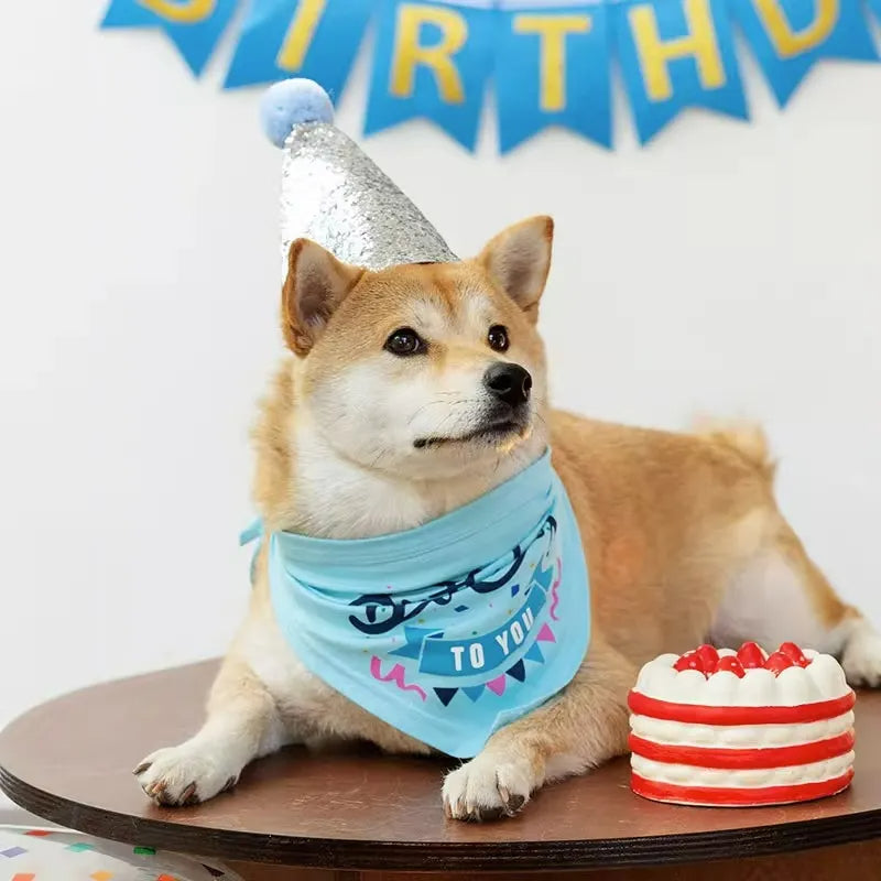 Lenço bandana de aniversário de cachorro com chapéu e banner conjunto de festa de aniversário de cachorro