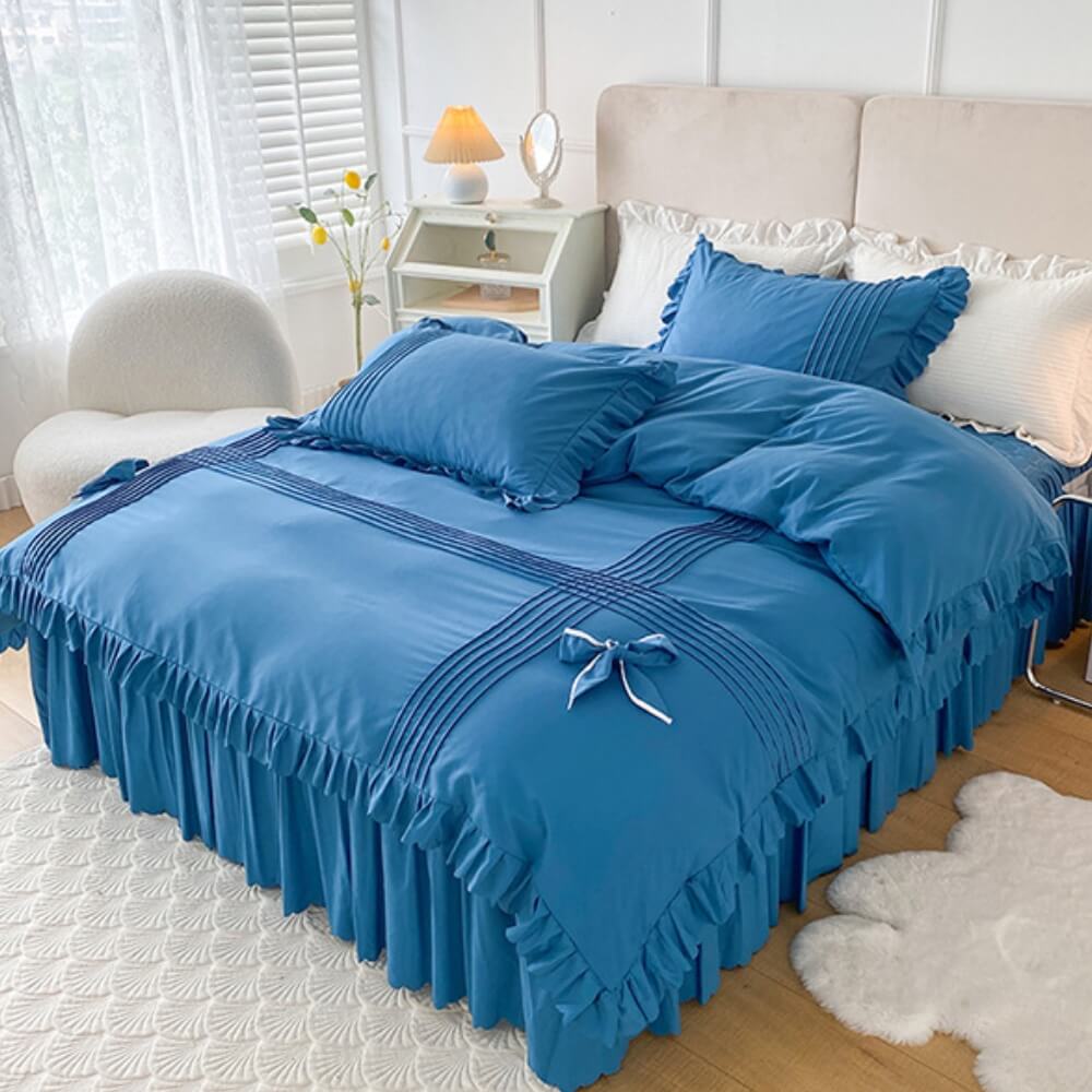 Conjunto de lençóis de veludo de leite elegantes e confortáveis com decoração de laço e saia de cama