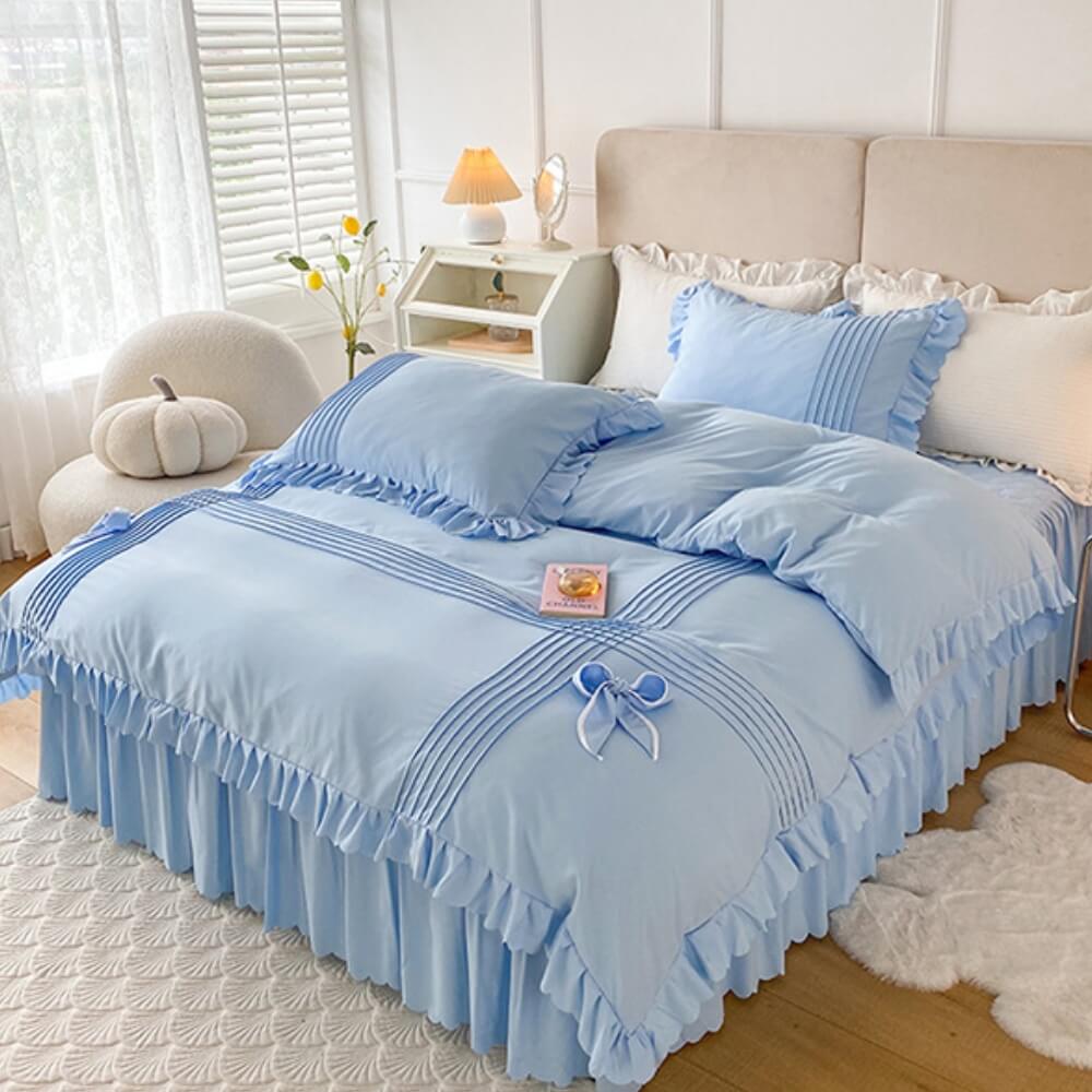 Conjunto de lençóis de veludo de leite elegantes e confortáveis com decoração de laço e saia de cama