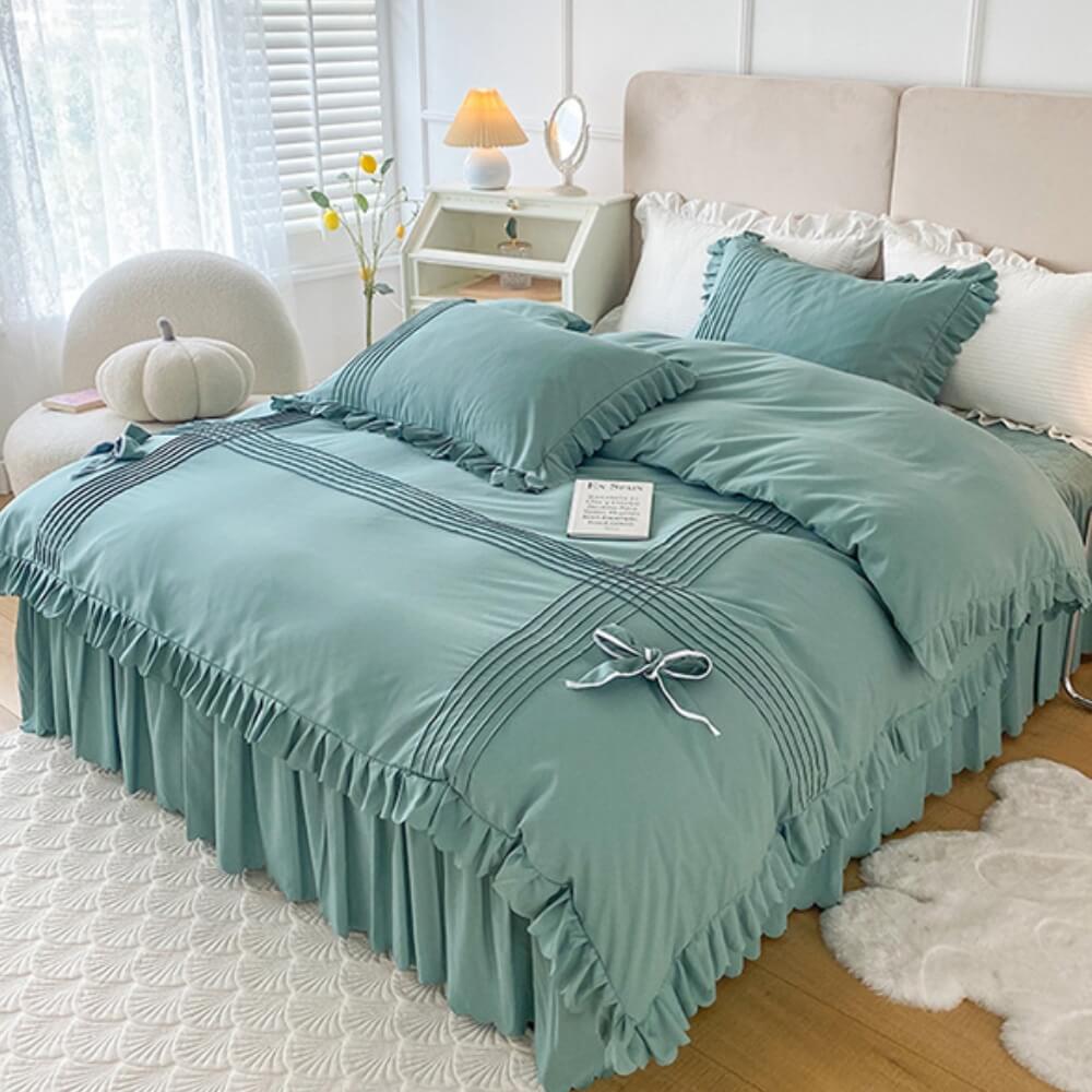 Conjunto de lençóis de veludo de leite elegantes e confortáveis com decoração de laço e saia de cama