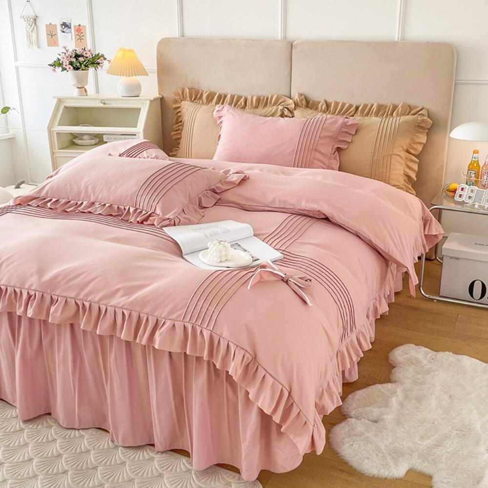 Conjunto de lençóis de veludo de leite elegantes e confortáveis com decoração de laço e saia de cama