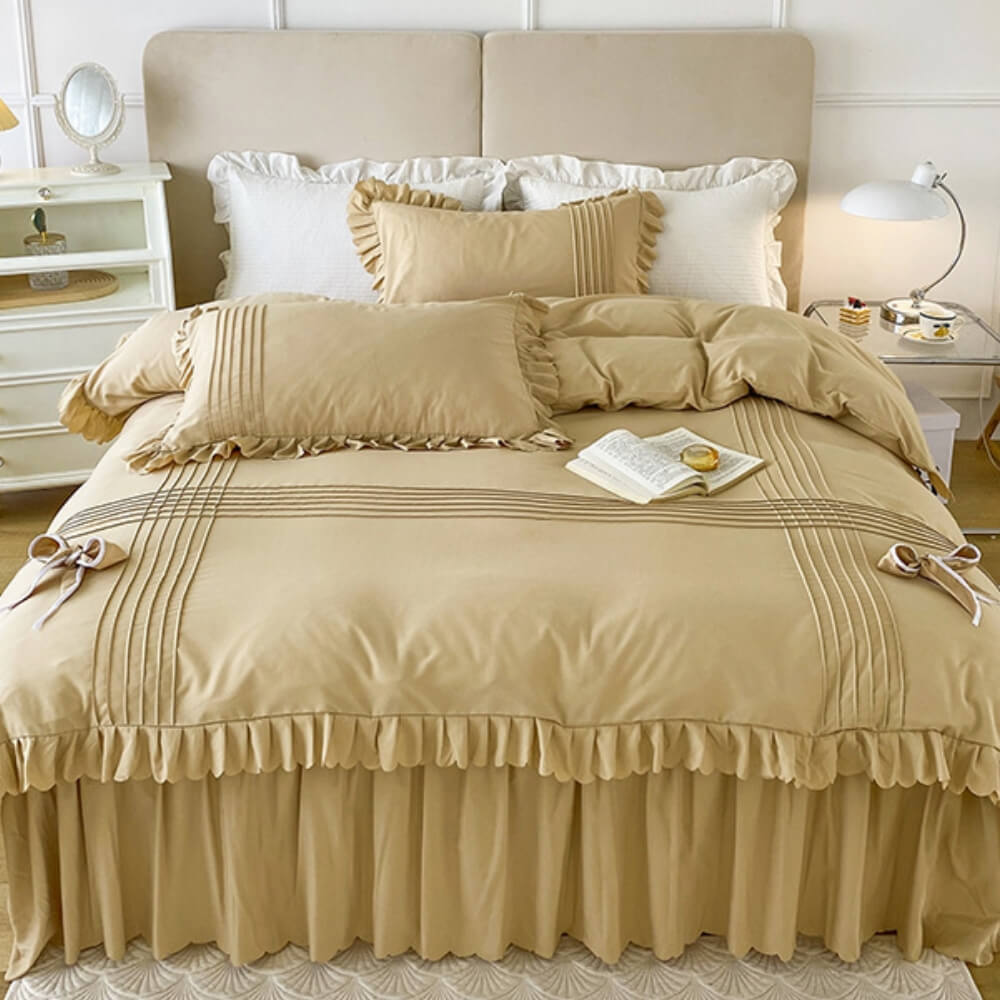 Conjunto de lençóis de veludo de leite elegantes e confortáveis com decoração de laço e saia de cama