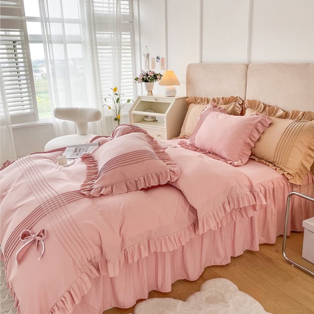 Conjunto de lençóis de veludo de leite elegantes e confortáveis com decoração de laço e saia de cama