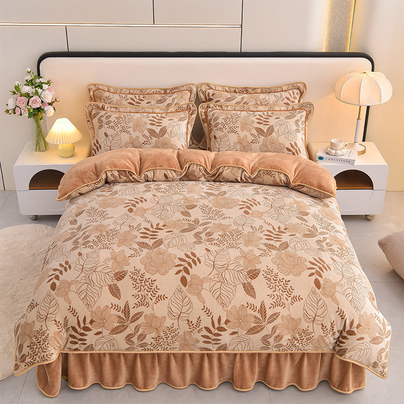 Conjunto de lençóis de veludo de leite com padrão botânico elegante