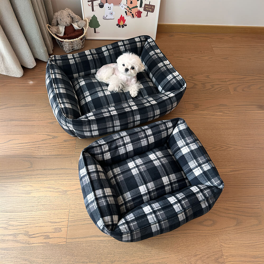 Cama para cães e gatos durável xadrez preta quente com suporte envolvente completo