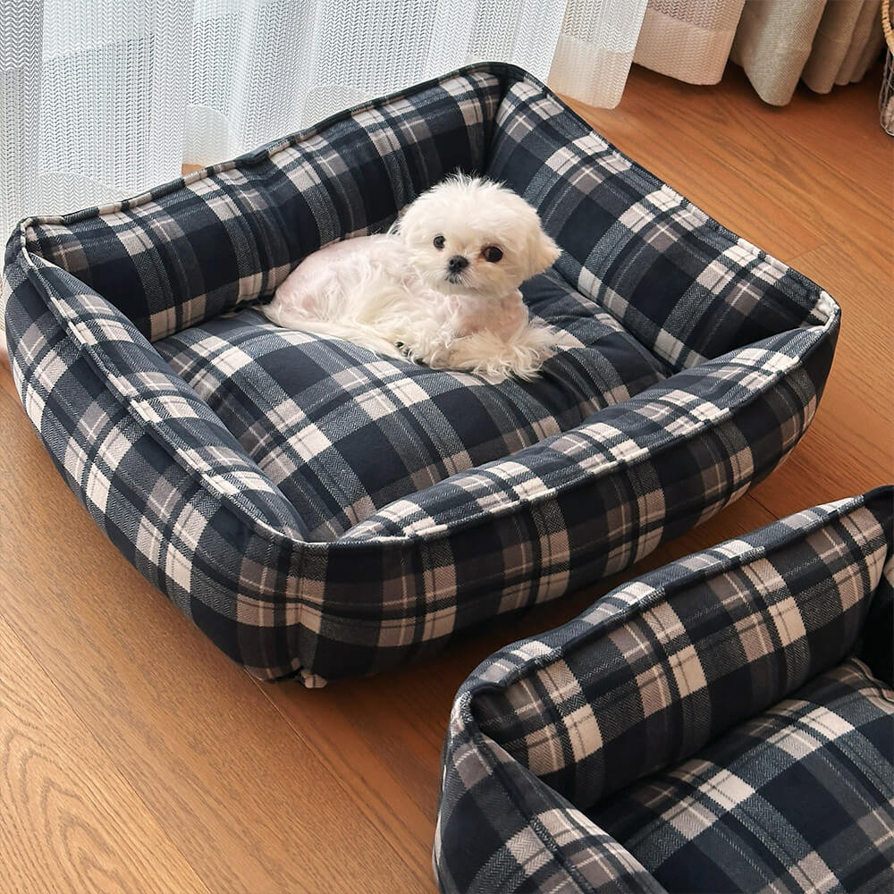 Cama para cães e gatos durável xadrez preta quente com suporte envolvente completo