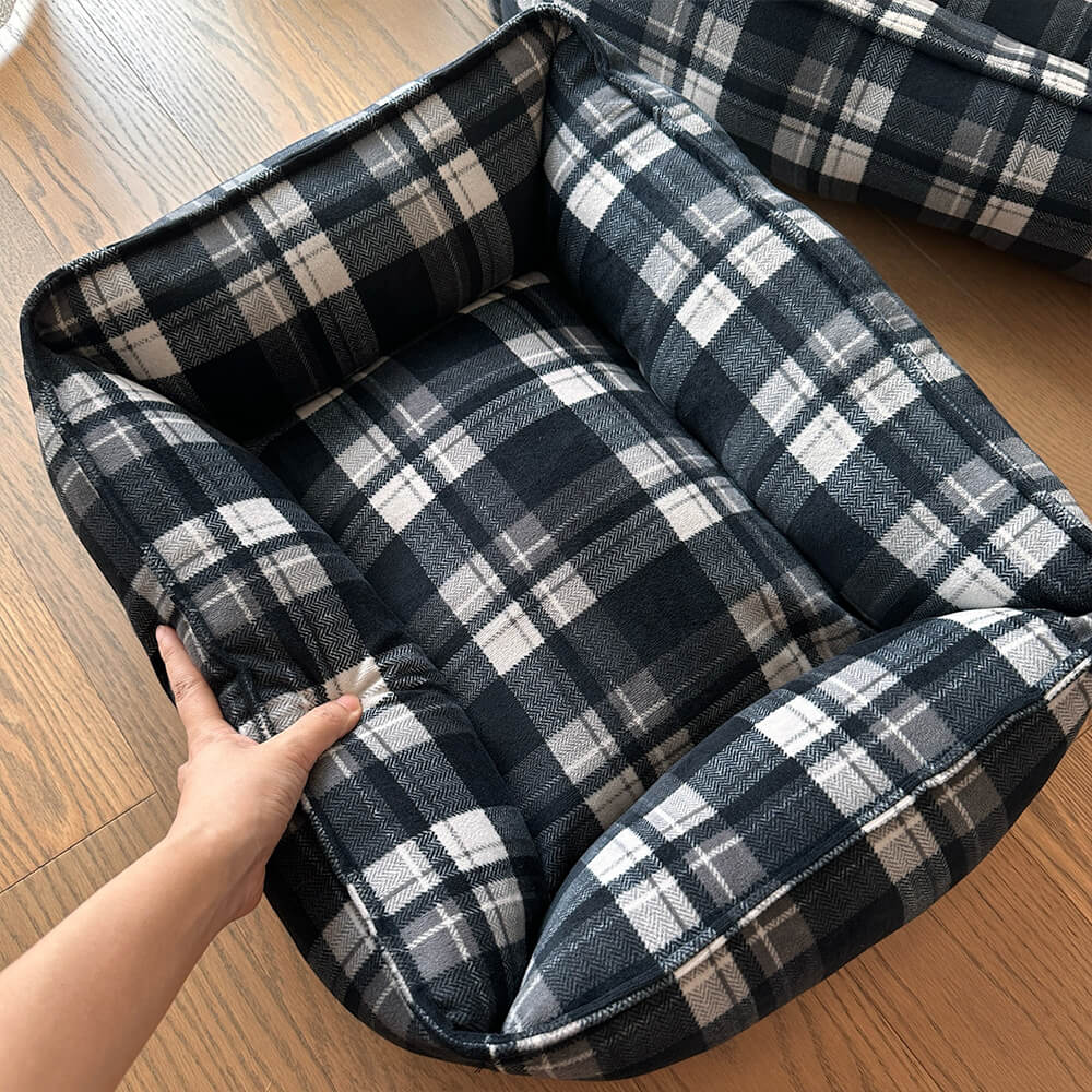 Cama para cães e gatos durável xadrez preta quente com suporte envolvente completo