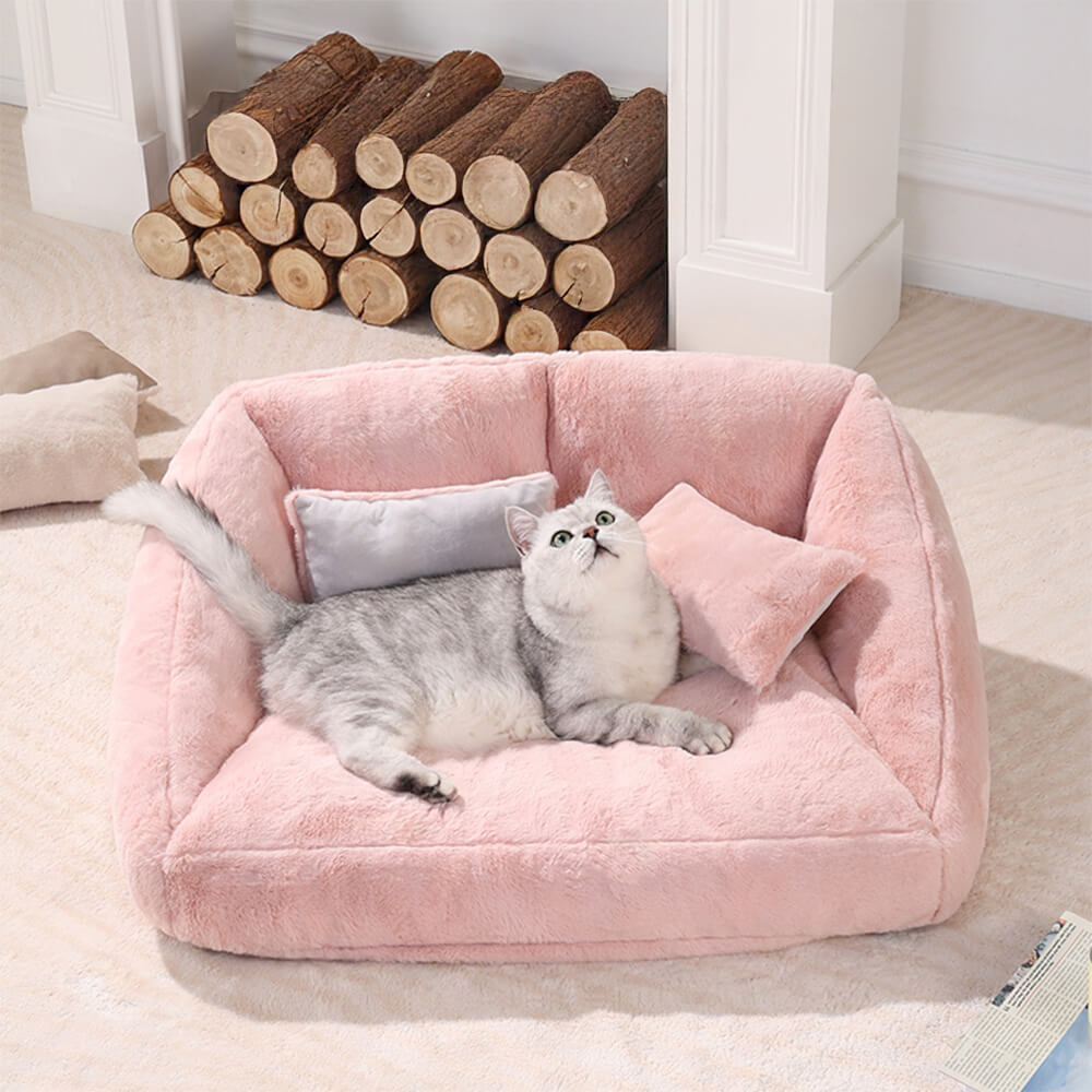 Grande sofá-cama de casal rosa de pelúcia para cães com almofada