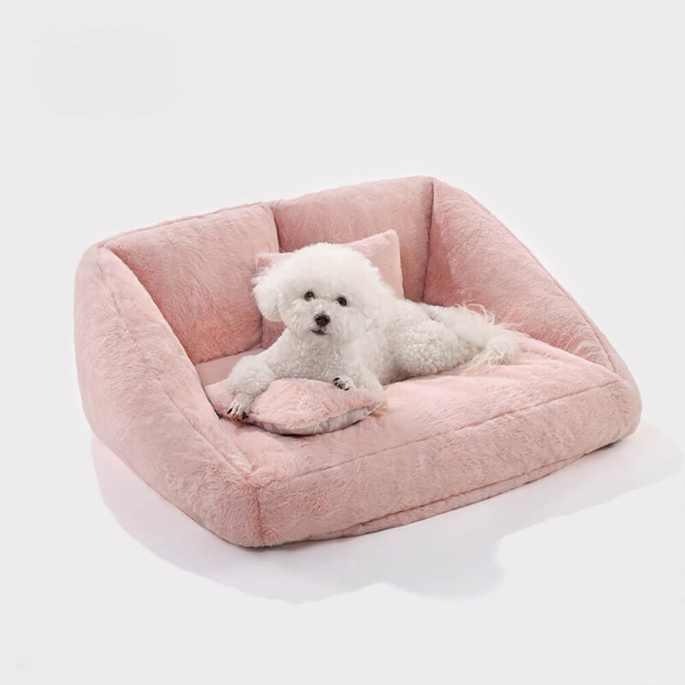 Grande sofá-cama de casal rosa de pelúcia para cães com almofada