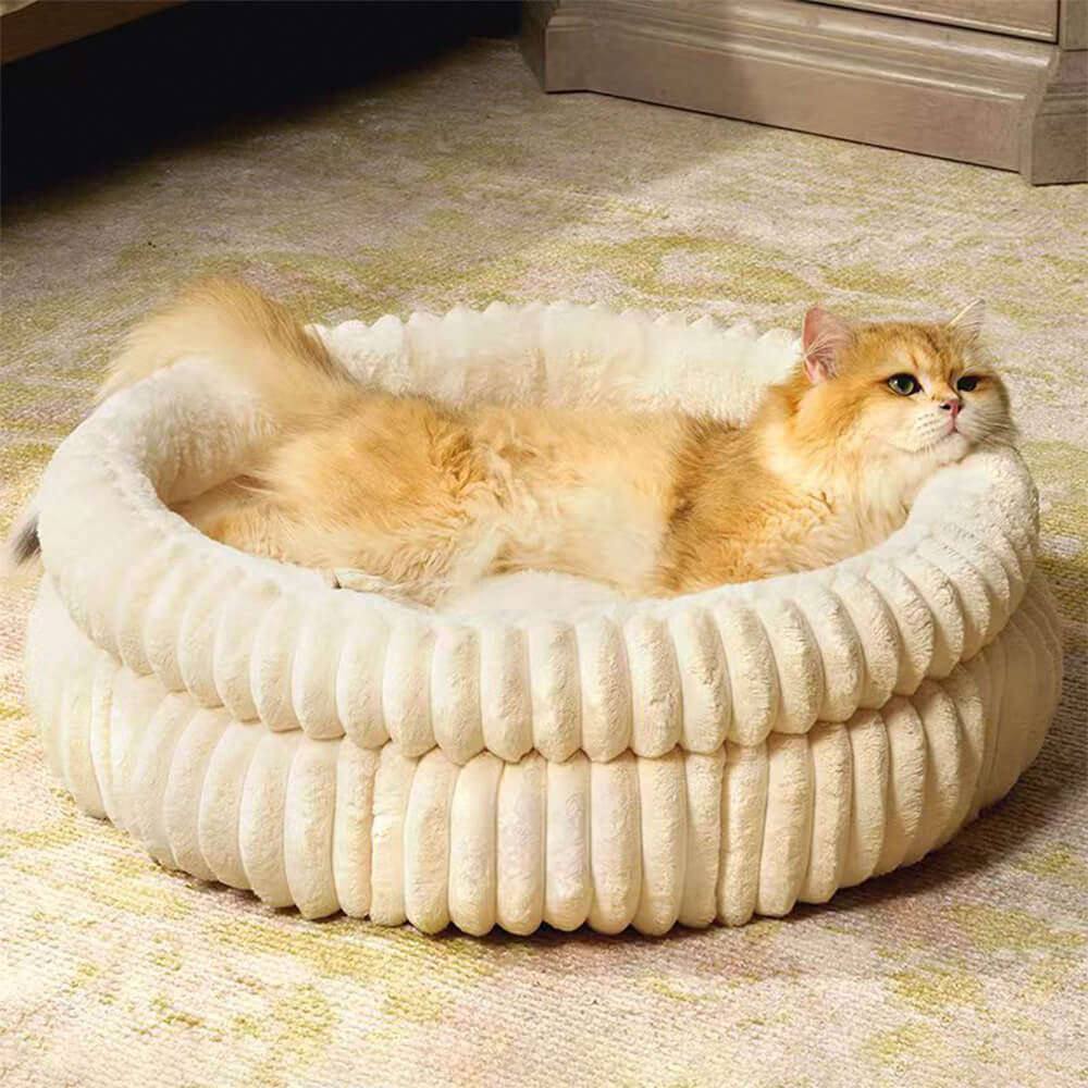 Cama para cães e gatos de pele de coelho sintética redonda e morna de veludo com leite minimalista