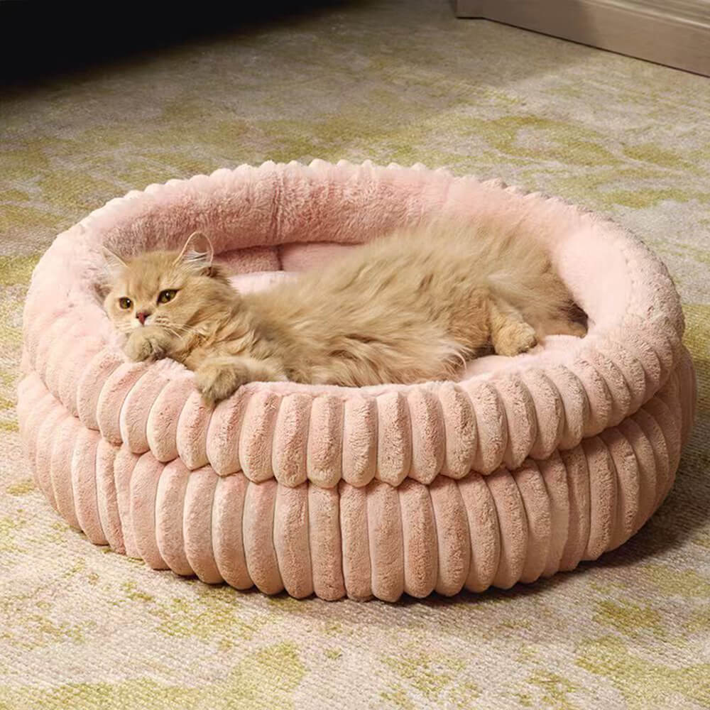 Cama para cães e gatos de pele de coelho sintética redonda e morna de veludo com leite minimalista