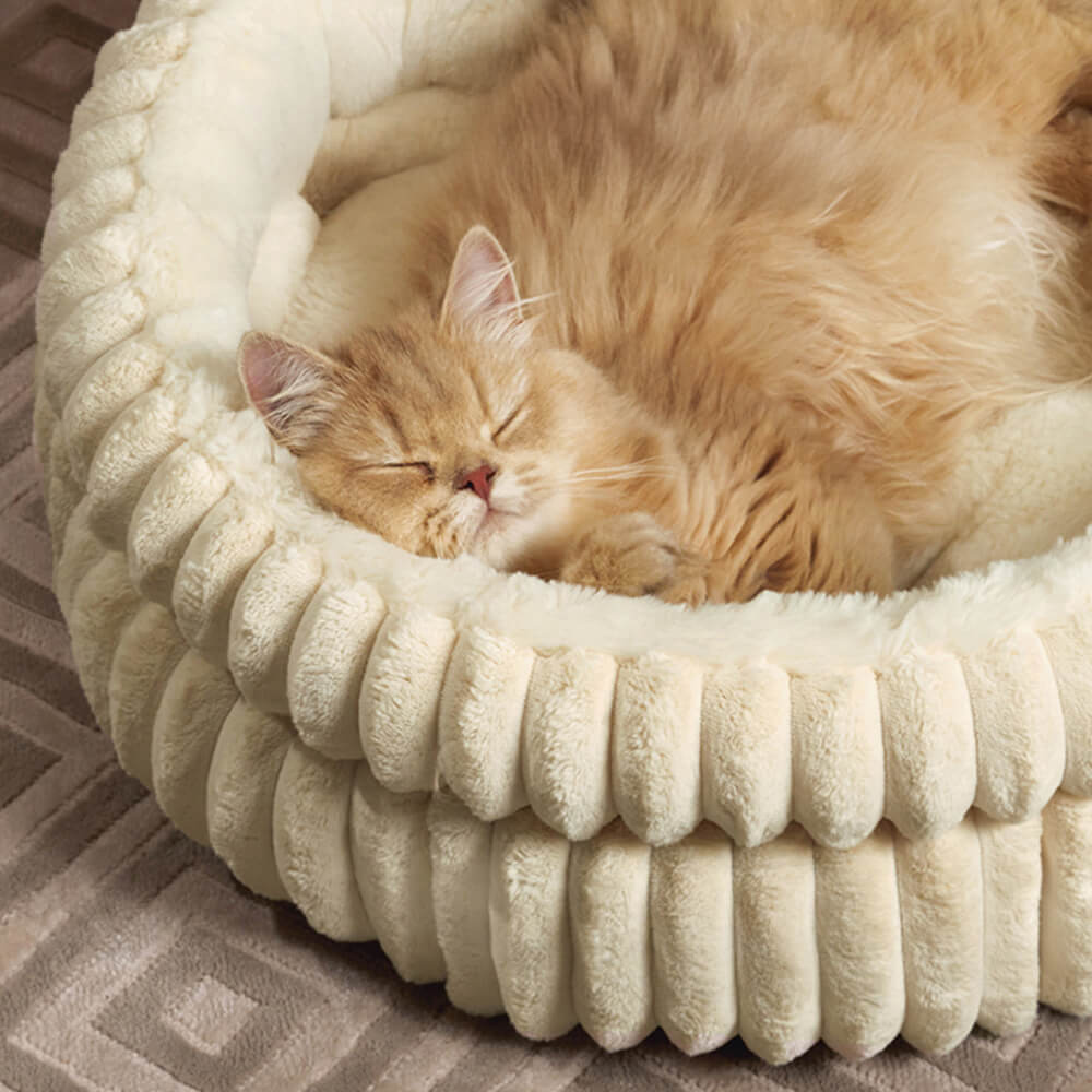 Cama para cães e gatos de pele de coelho sintética redonda e morna de veludo com leite minimalista