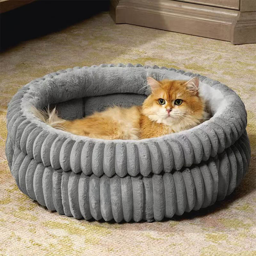 Cama para cães e gatos de pele de coelho sintética redonda e morna de veludo com leite minimalista