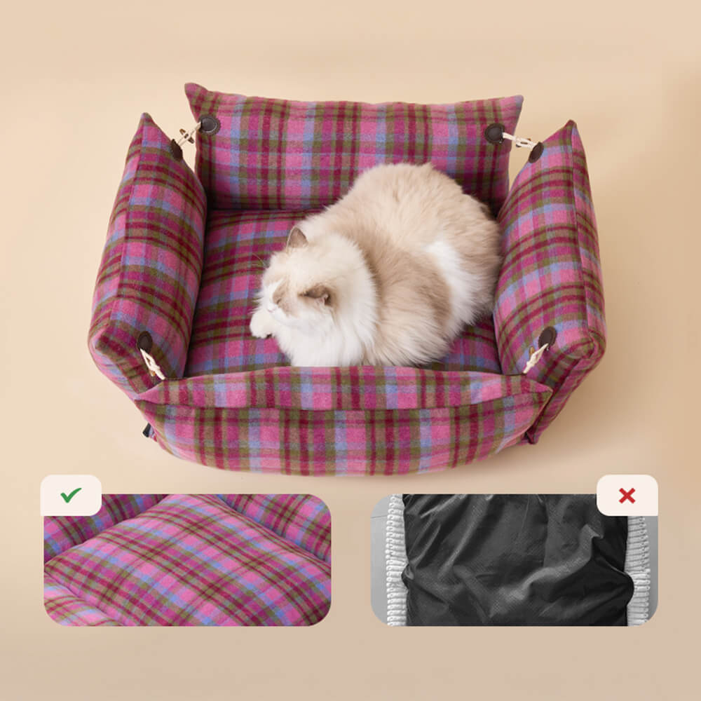 Cama para cães e gatos xadrez expansível macia reversível com botão de chifre