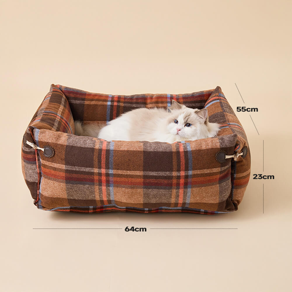 Cama para cães e gatos xadrez expansível macia reversível com botão de chifre